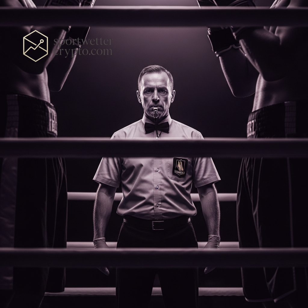 Schiedsrichter trennt zwei Boxer vor dem Kampf, eine Metapher für den direkten Vergleich und die historische Rivalität zwischen Kanada und Katar.